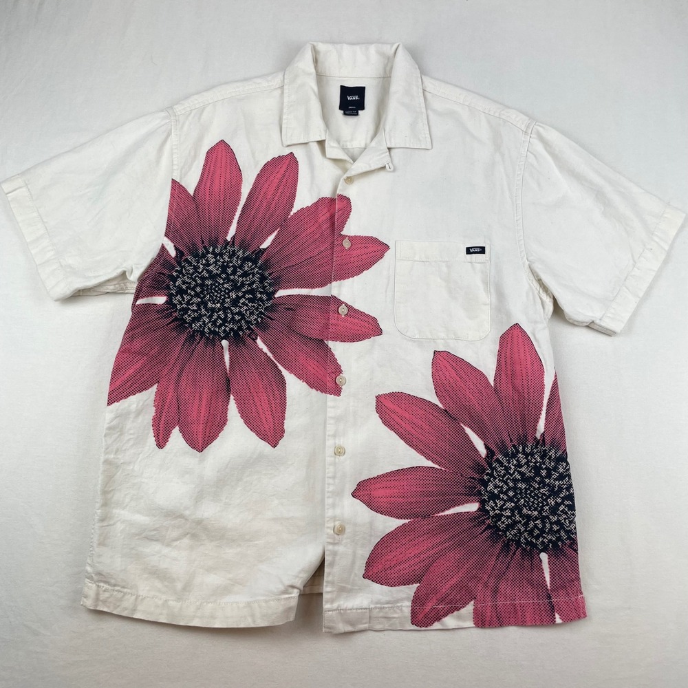 Vans Mens Loose Fit Short Sleeve Button Down Pink Sunflower Shirt White Small